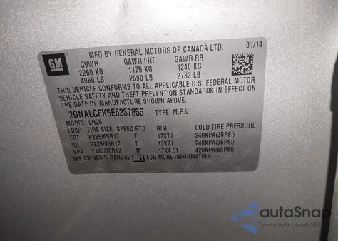 2014 Chevrolet Equinox 2Lt z USA, uszkodzony, nr VIN 2GNALCEK5E6237855